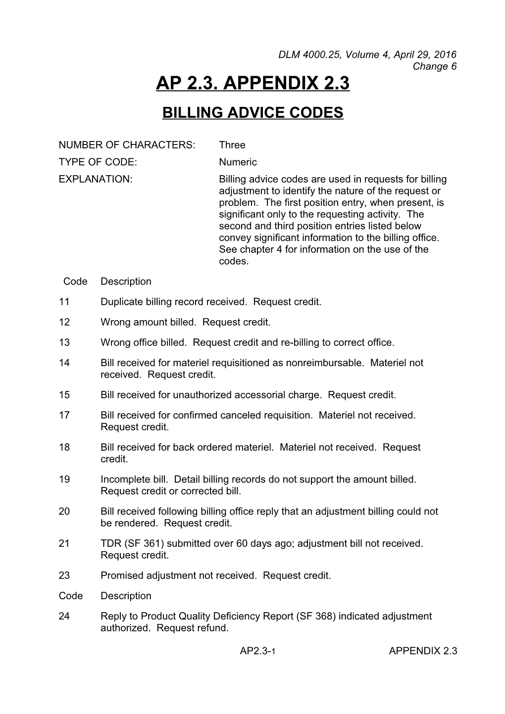 AP2.3 Billing Advice Codes