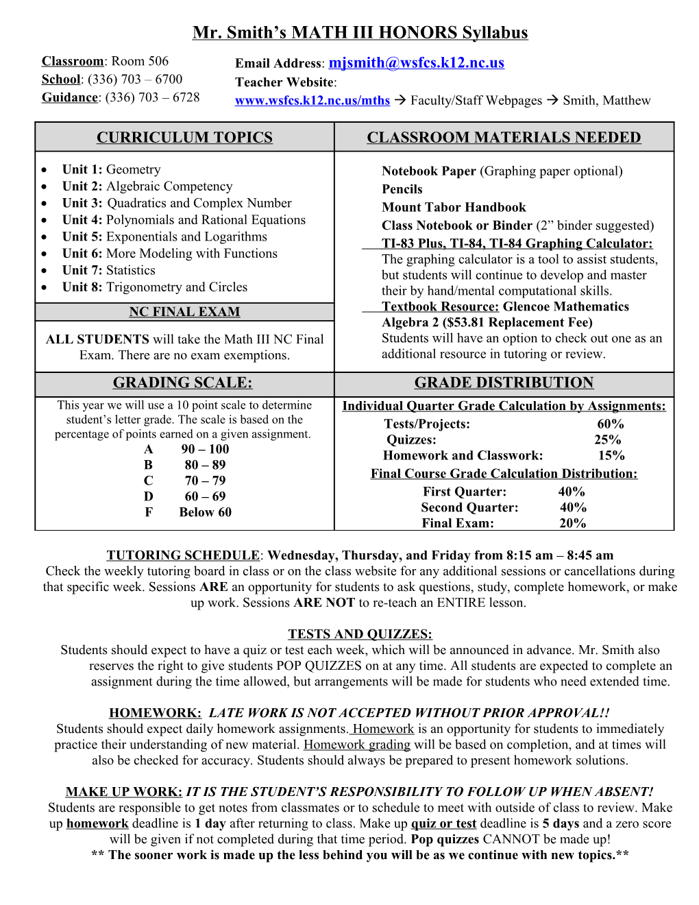 Math 3 Hon SYLLABUS