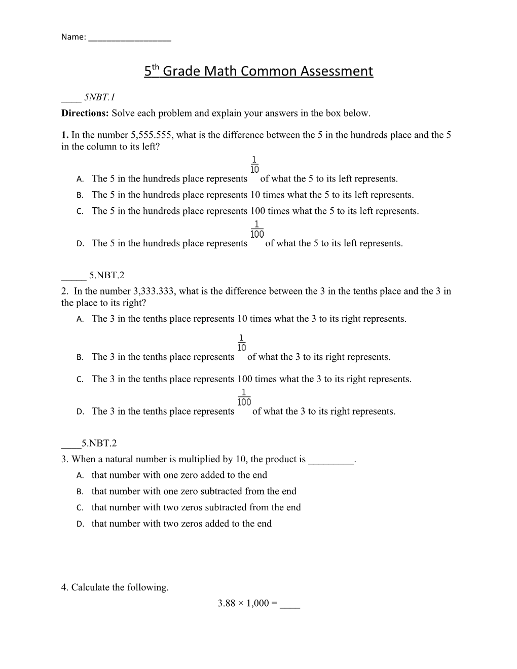 5Th Grade Math Common Assessment