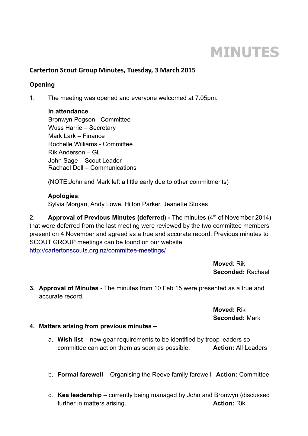 Carterton Scout Group Minutes, Tuesday, 3March 2015