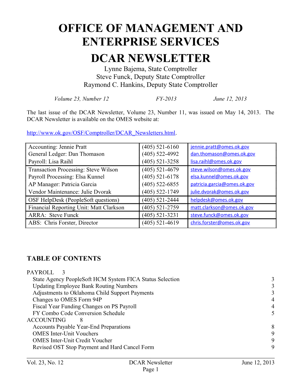 Office of Management and Enterprise Services, DCAR Newsletter, June 2013