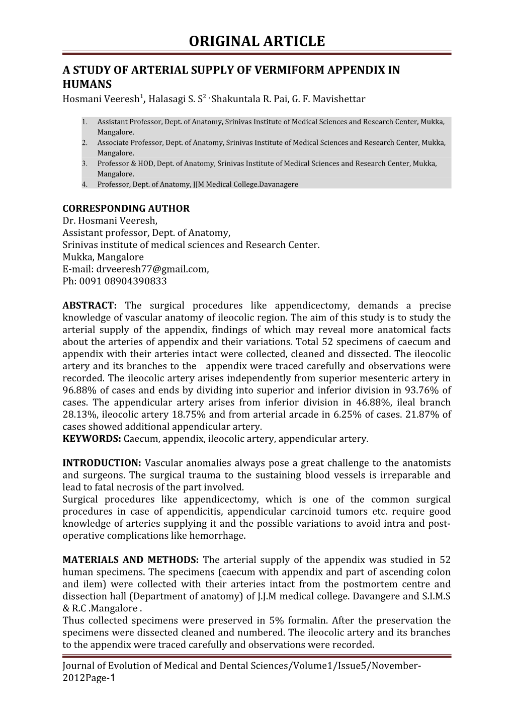 A Study of Arterial Supply of Vermiform Appendix in Humans