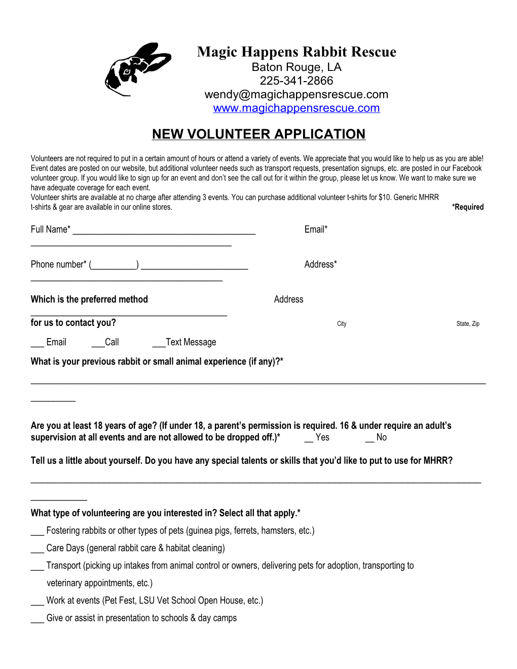 New Volunteer Application