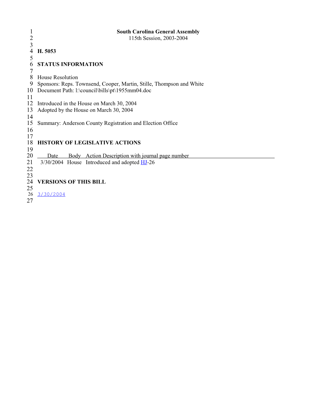 2003-2004 Bill 5053: Anderson County Registration and Election Office - South Carolina