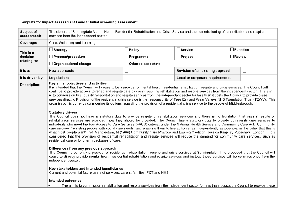 Template for Impact Assessment Level 1: Initial Screening Assessment