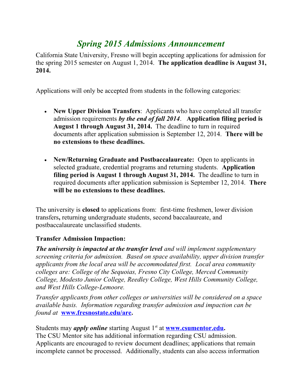 Spring 2015 Admissions Announcement