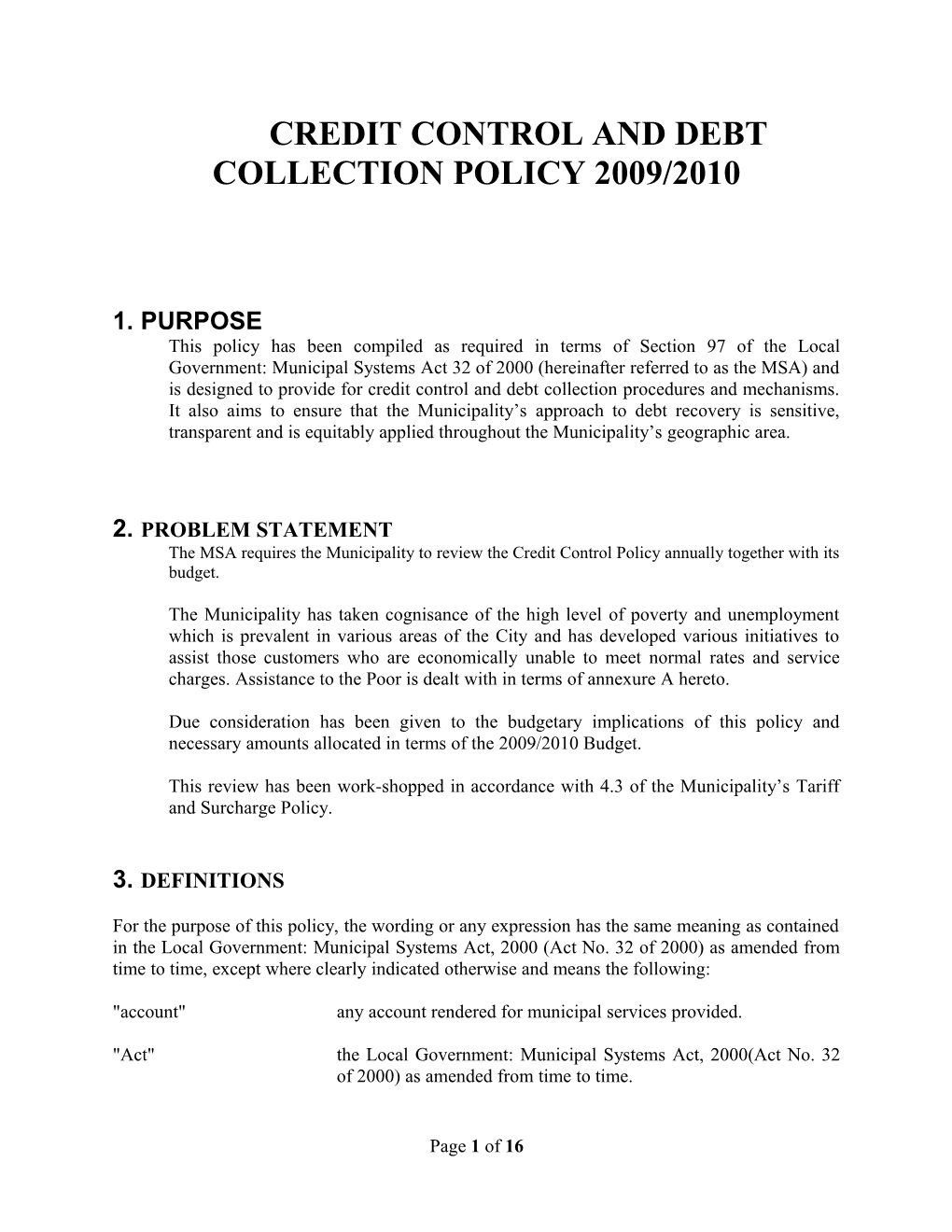 Credit Control and Debt Collection Policy 2009/2010