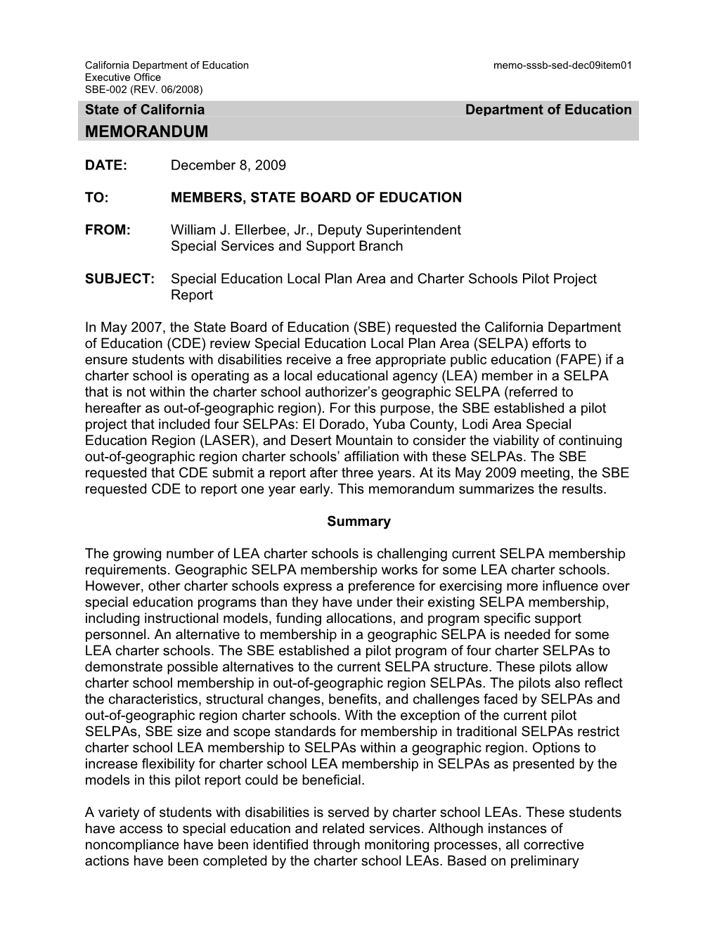 December 2009 SSSB Item 04 - Information Memorandum (CA State Board of Education)