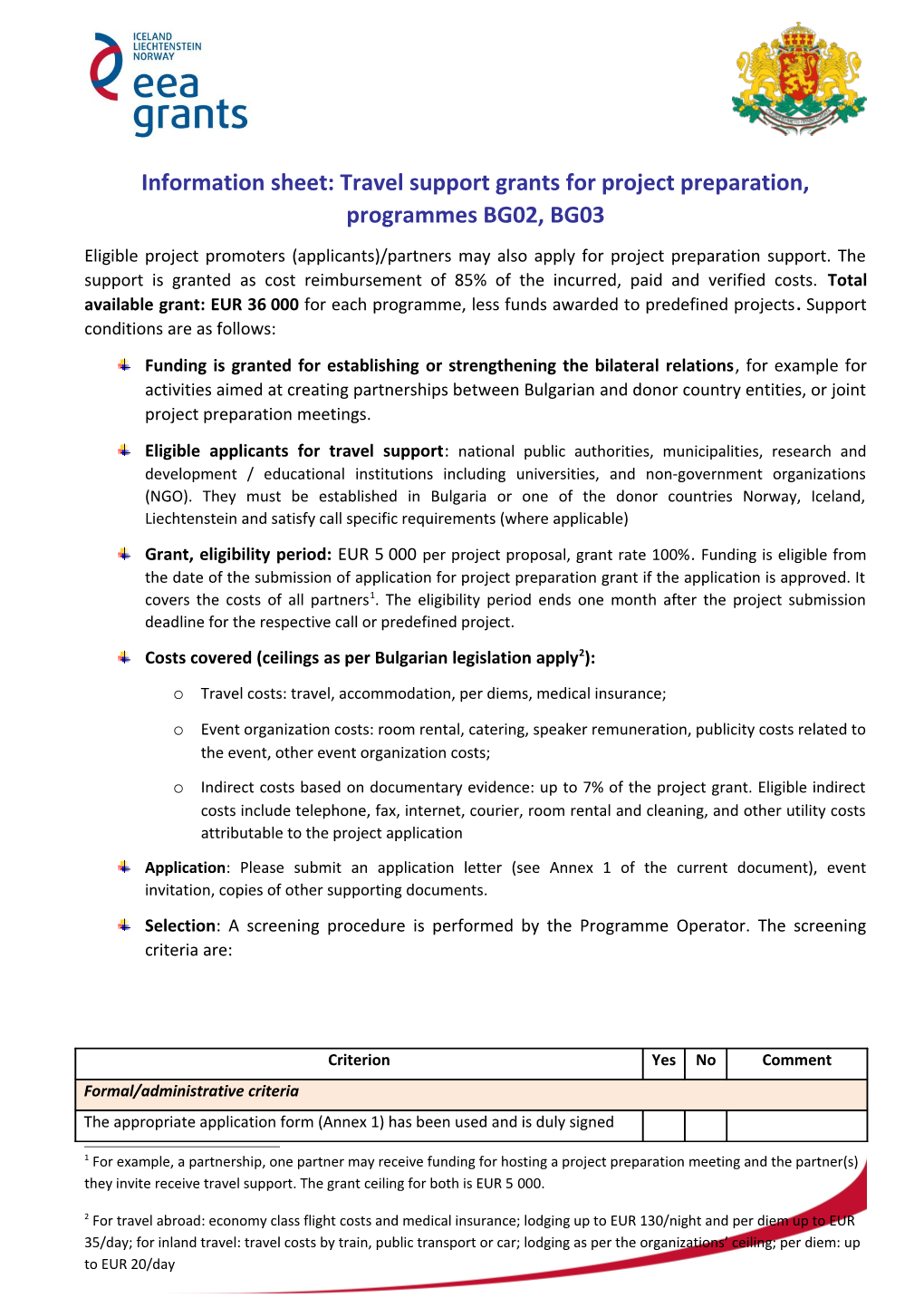 Travel Support Grants for Project Preparation: Programmes BG02, BG03