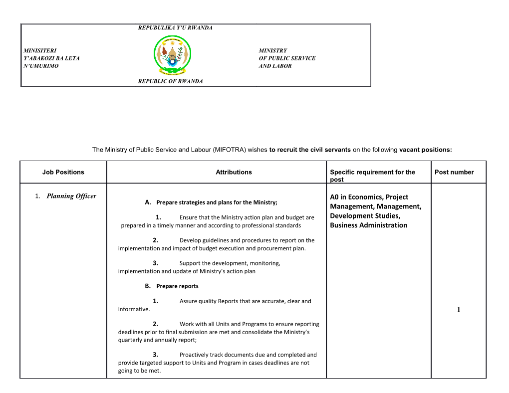 The Ministry of Public Service and Labour (MIFOTRA) Wishes to Recruit the Civil Servants