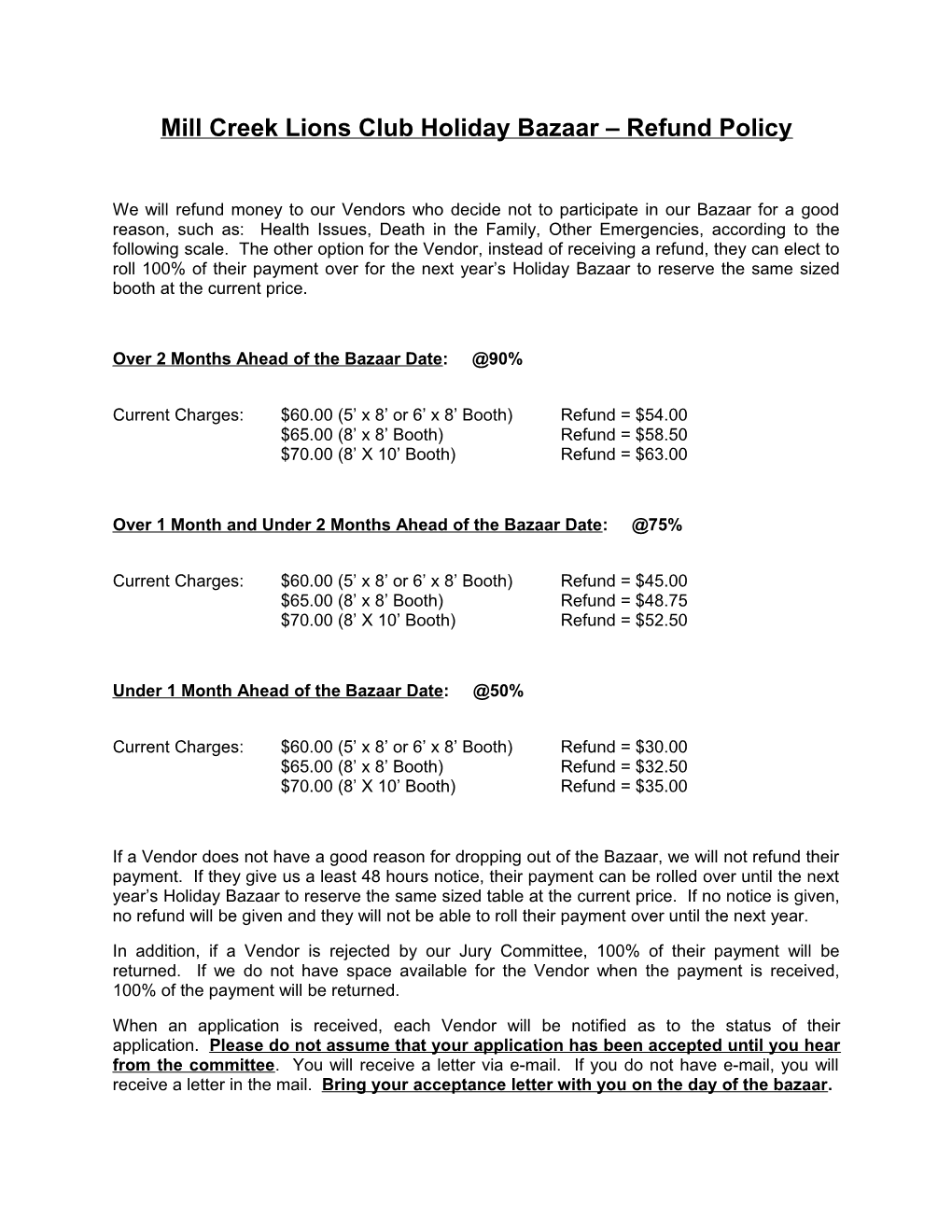 Mill Creek Lions Club Holiday Bazaar Refund Policy 2013