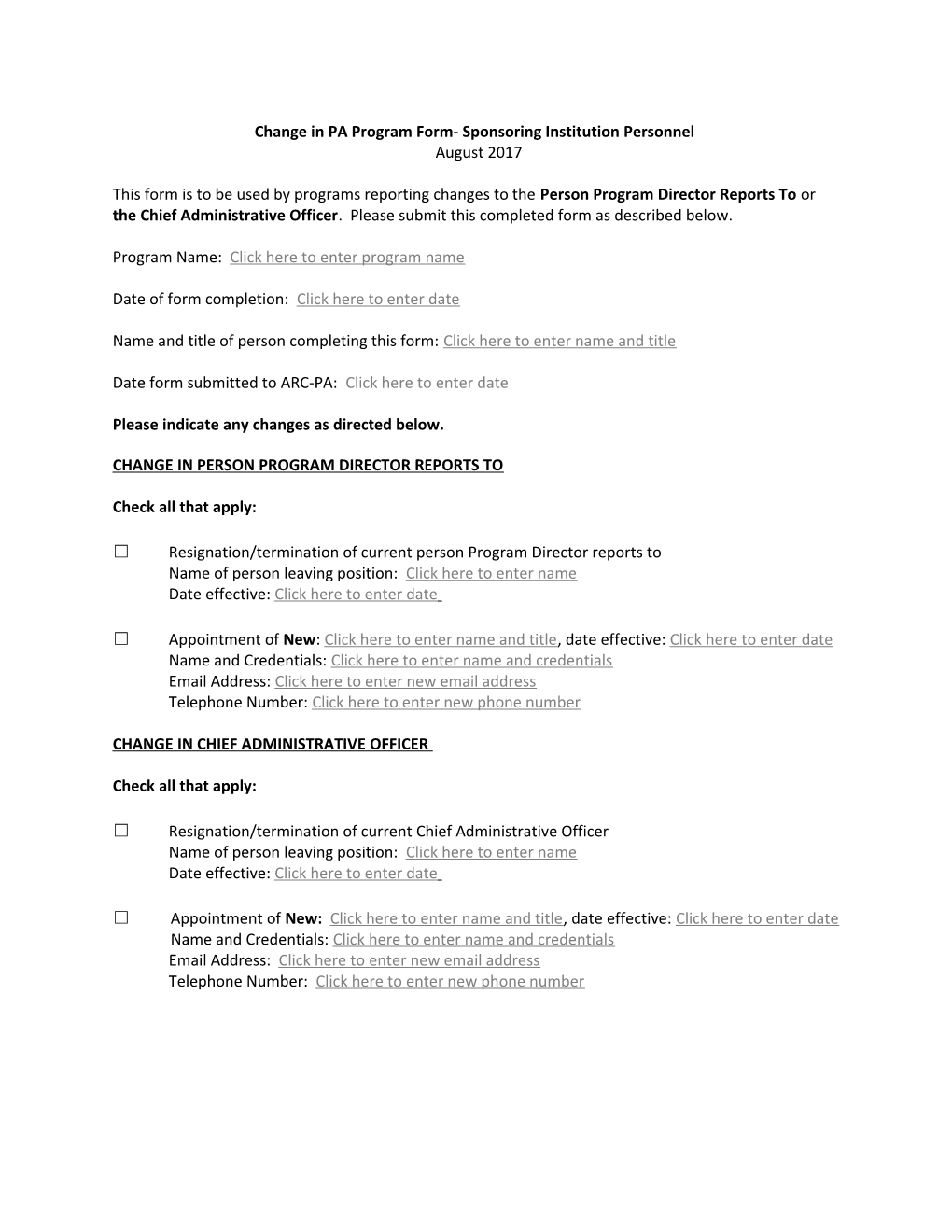 Change in PA Program Form-Program and Sponsoring Institution Personnel Page 2