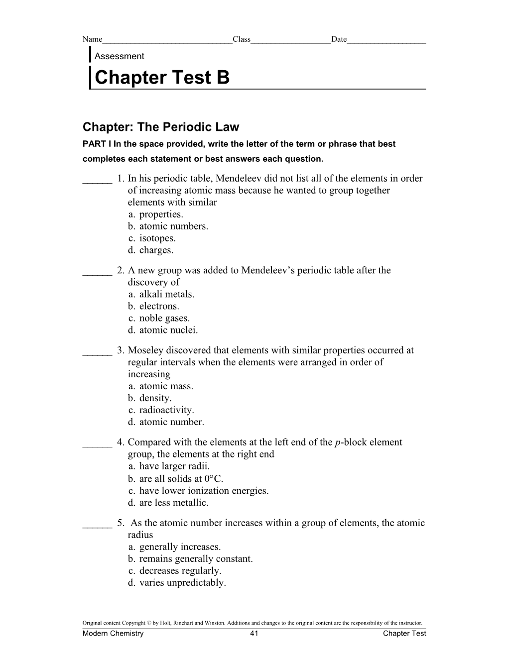 Chapter: the Periodic Law