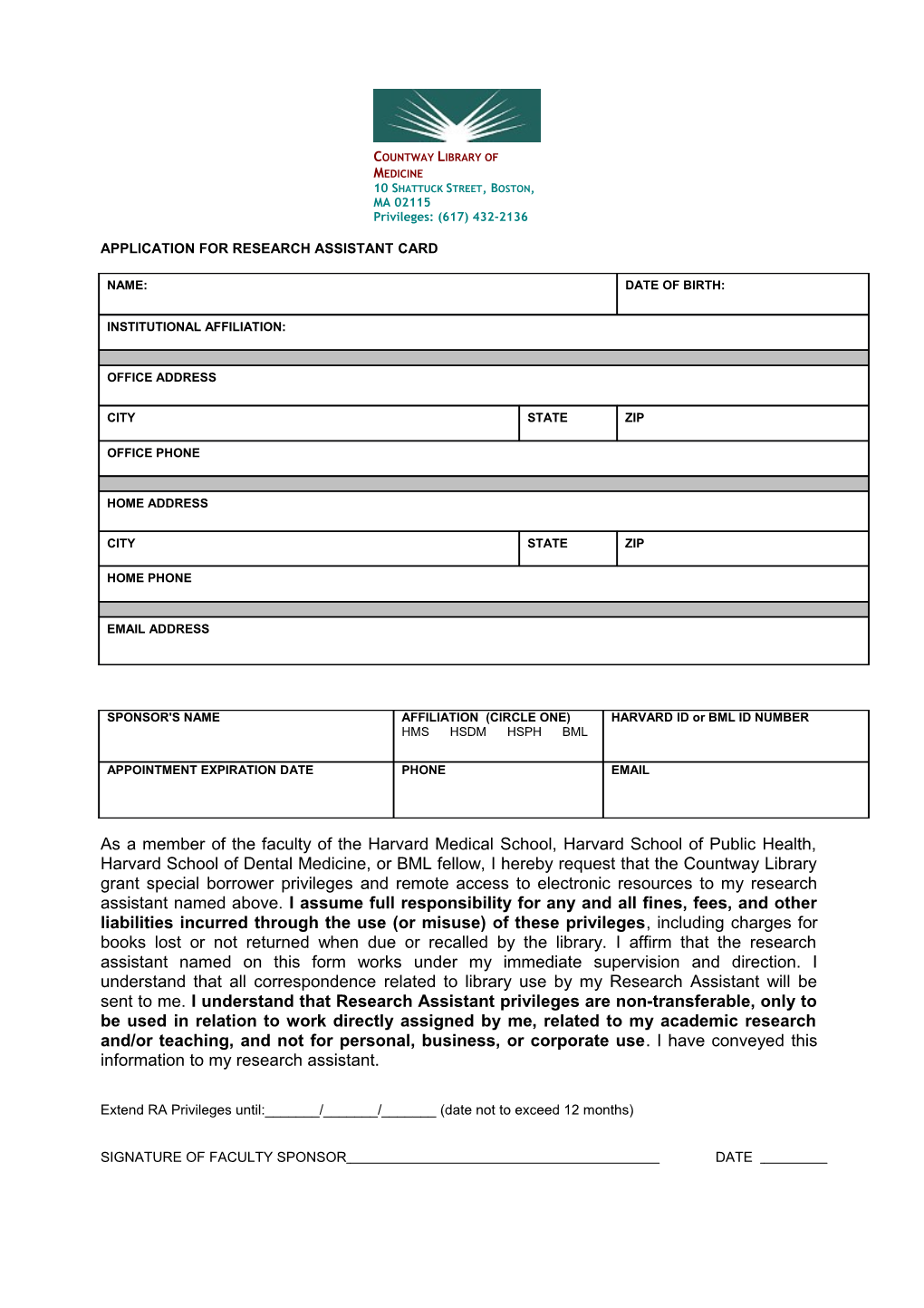 Application for Research Assistant Card