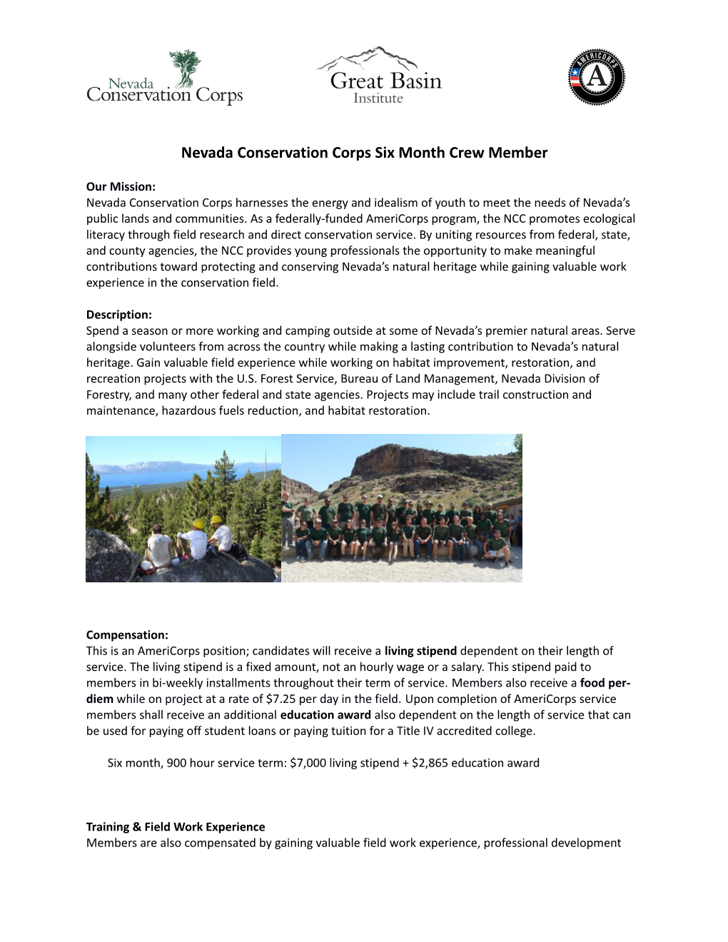 Nevada Conservation Corps Six Month Crew Member