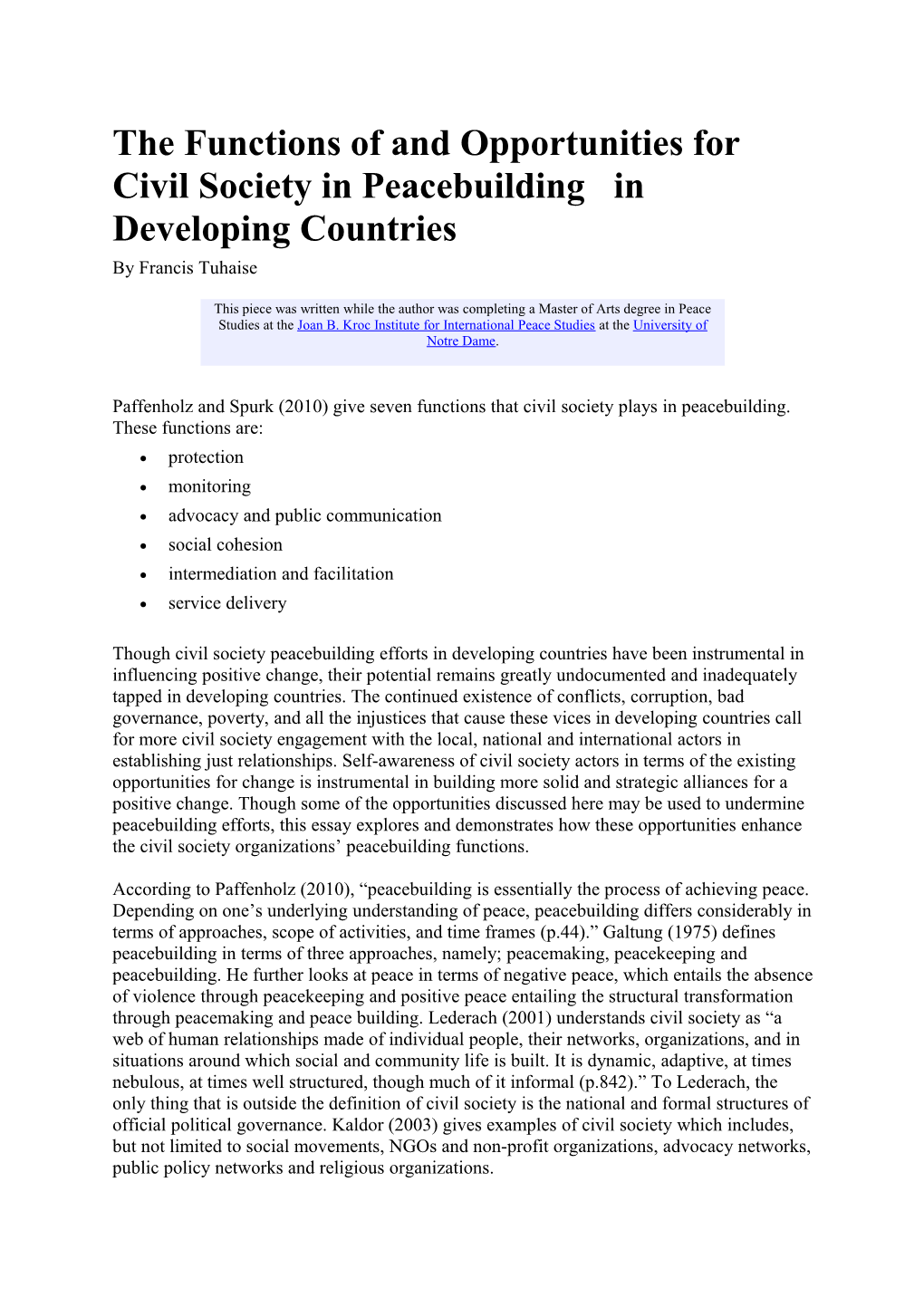 The Functions of and Opportunities for Civil Society in Peacebuilding in Developing Countries