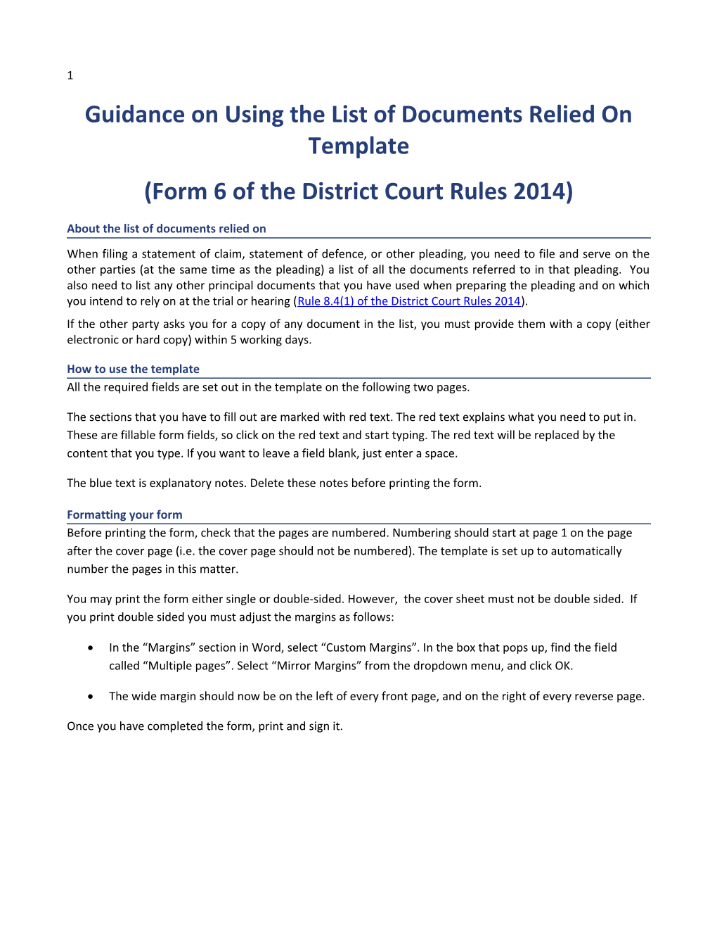 Guidance on Using the List of Documents Relied on Template