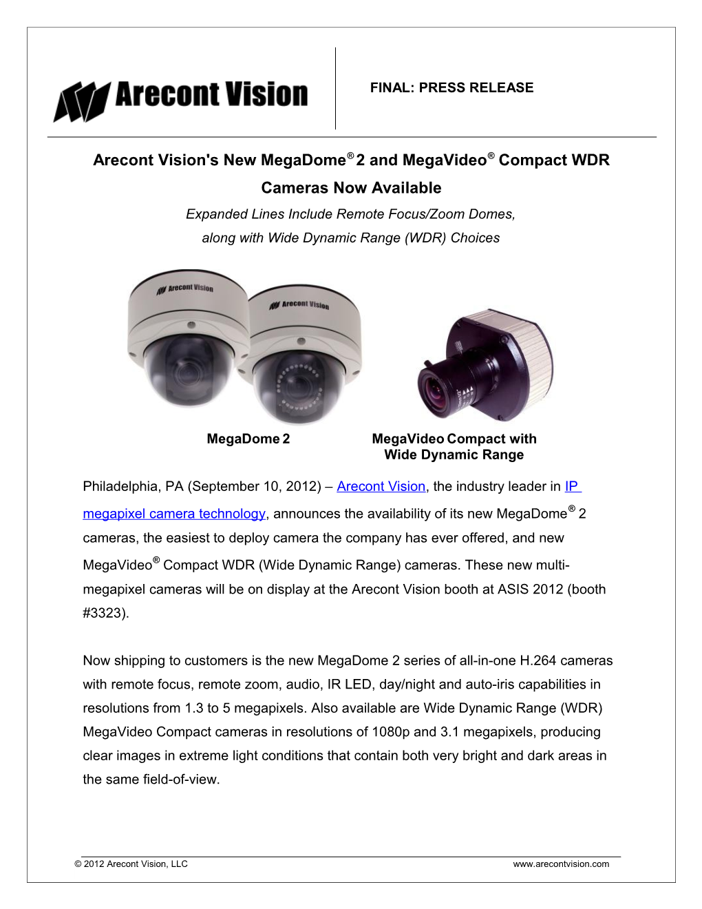 Arecont Vision's New Megadome 2 and Megavideo Compact WDR Cameras Now Available