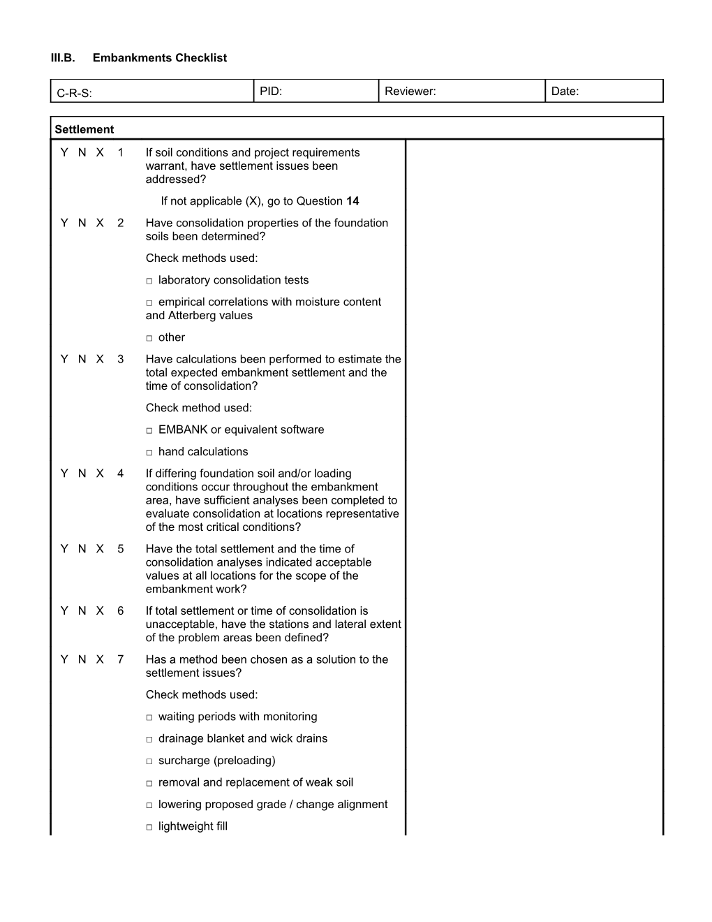 III.B. Embankments Checklist