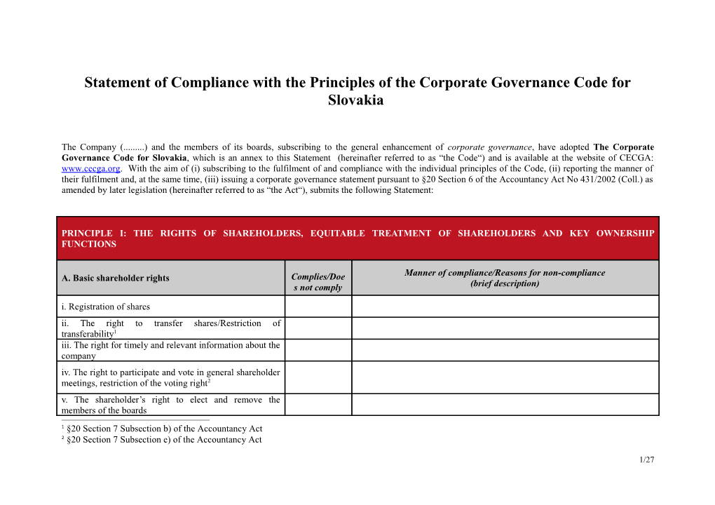 Statement of Compliance with the Principles of the Corporate Governance Code for Slovakia