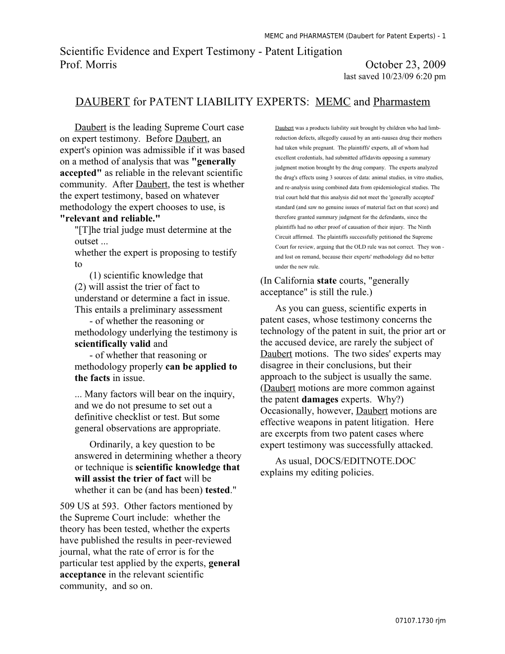 MEMC and PHARMASTEM (Daubert for Patent Experts) - 1