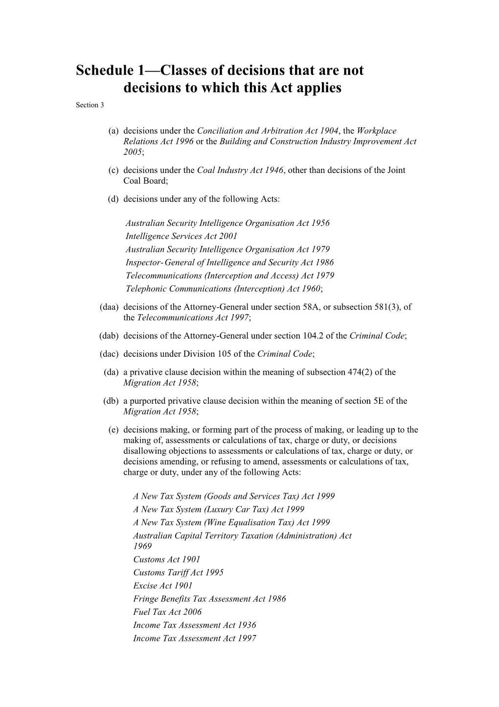 Schedule 1 Classes of Decisions That Are Not Decisions to Which This Act Applies