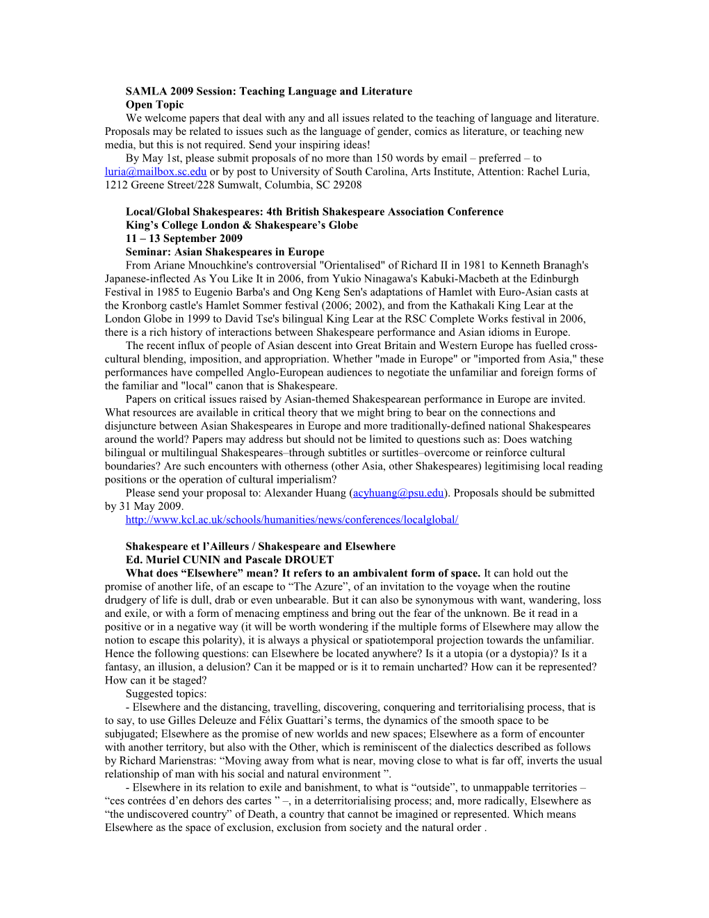 SAMLA 2009 Session: Teaching Language and Literature