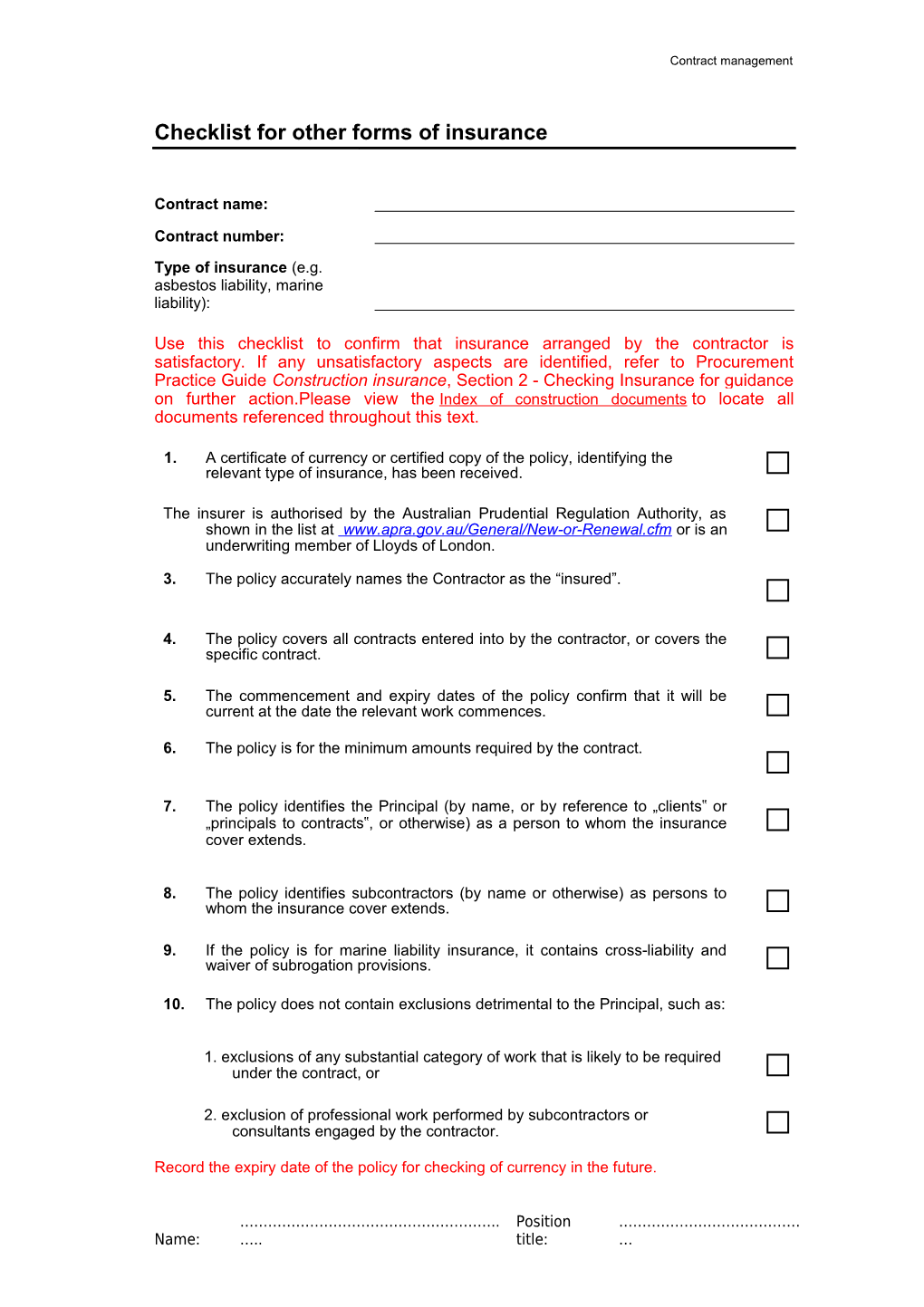 Use This Checklist to Confirm That Insurance Arranged by the Contractor Is Satisfactory