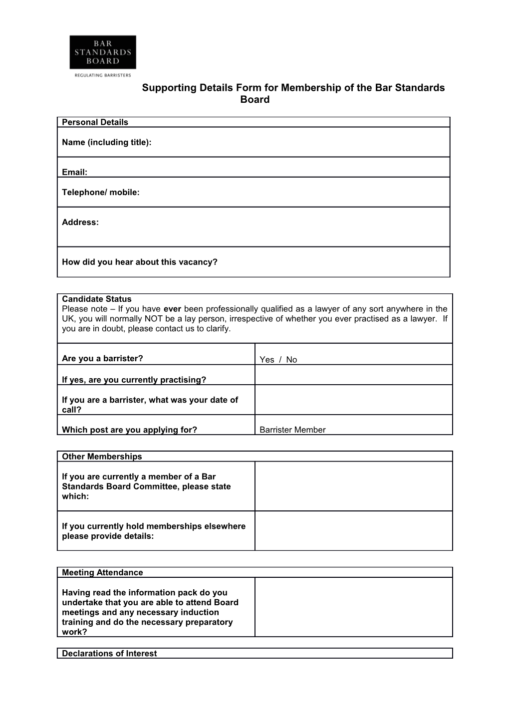 Supporting Details Form for Membership of the Bar Standards Board