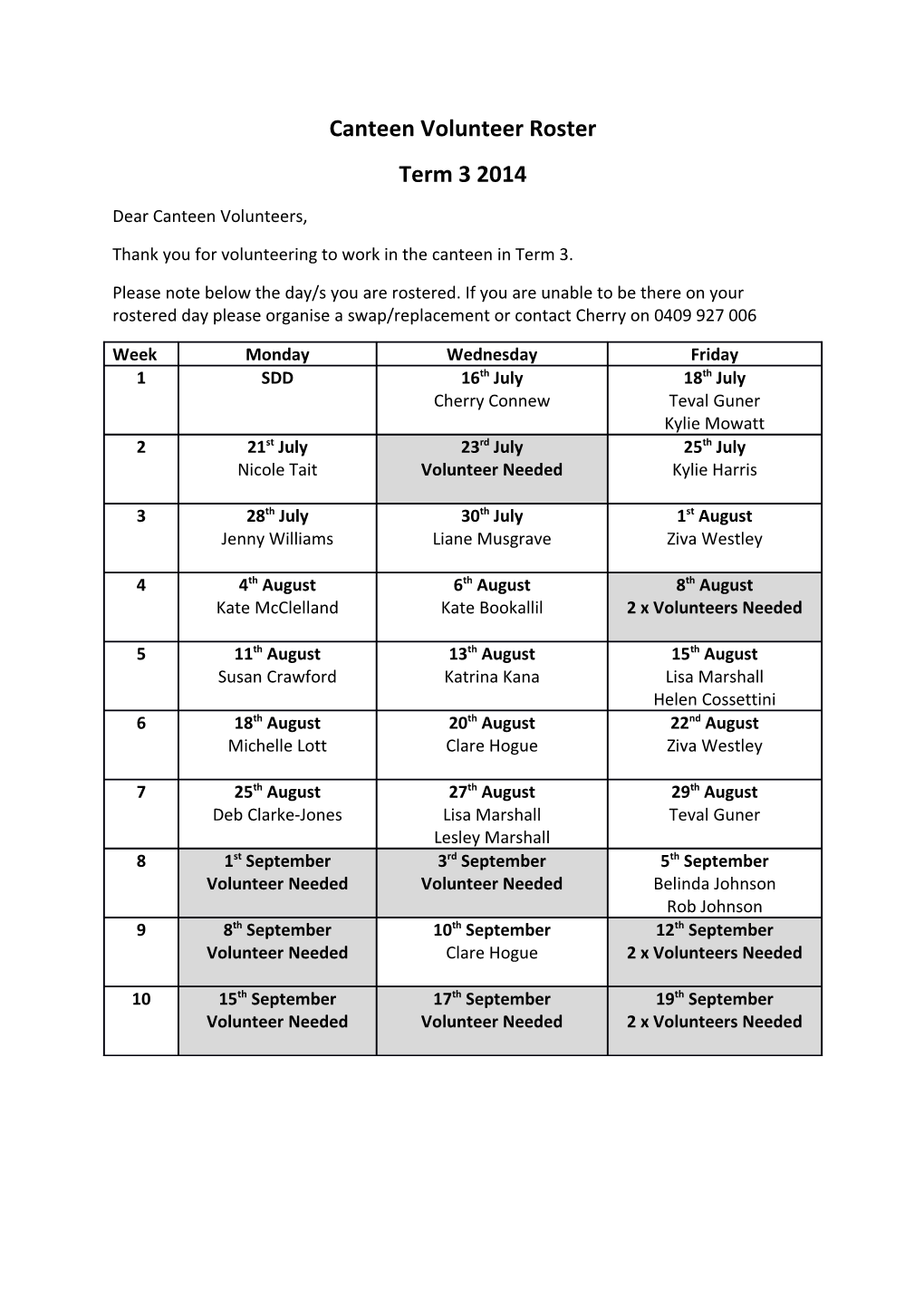 Canteen Volunteer Roster