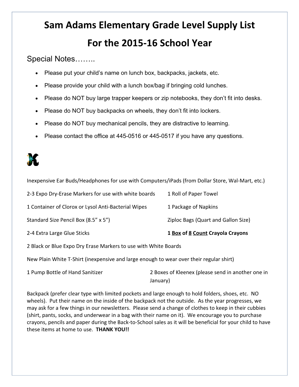 Sam Adams Elementary Grade Level Supply List