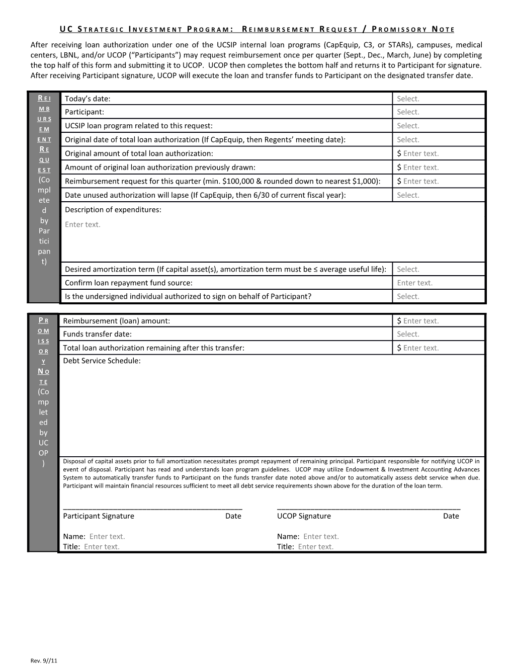 Ucstrategic Investment Program: Reimbursement Request / Promissory Note