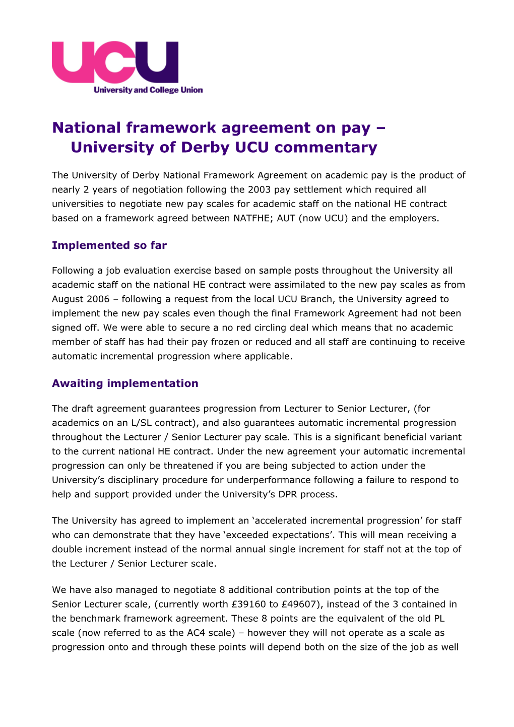 National Framework Agreement on Pay Universityof Derby UCU Commentary