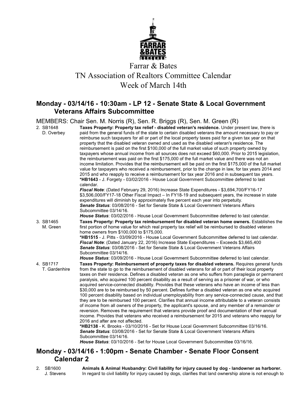Monday - 03/14/16 - 10:30Am - LP 12 - Senate State & Local Government Veterans Affairs