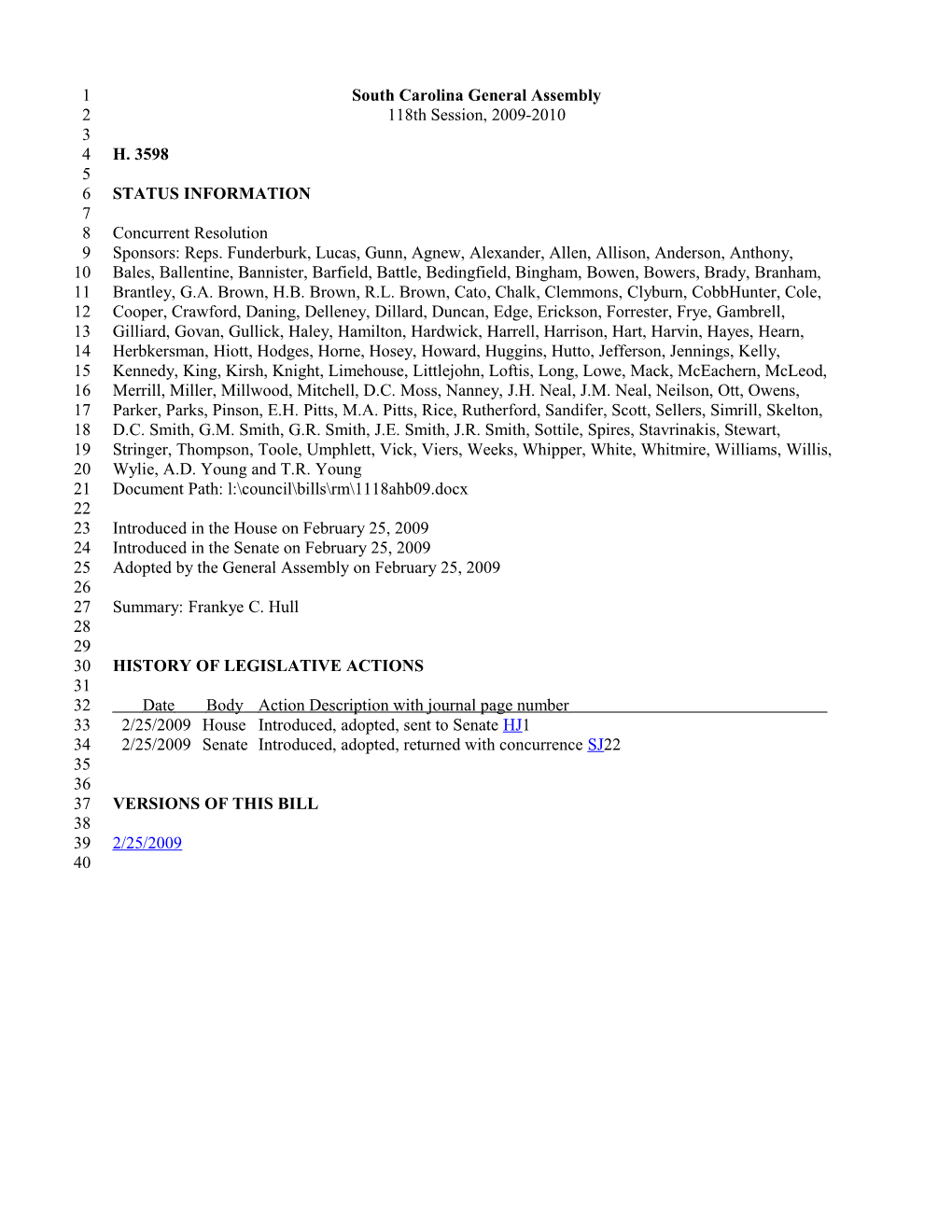 2009-2010 Bill 3598: Frankye C. Hull - South Carolina Legislature Online