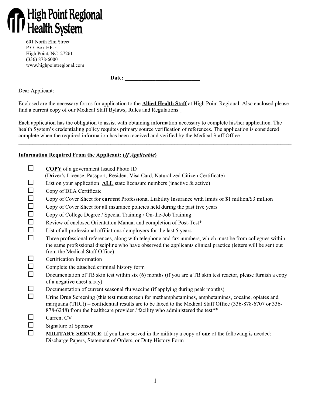 High Point Regional Health System Date Application Received: ______