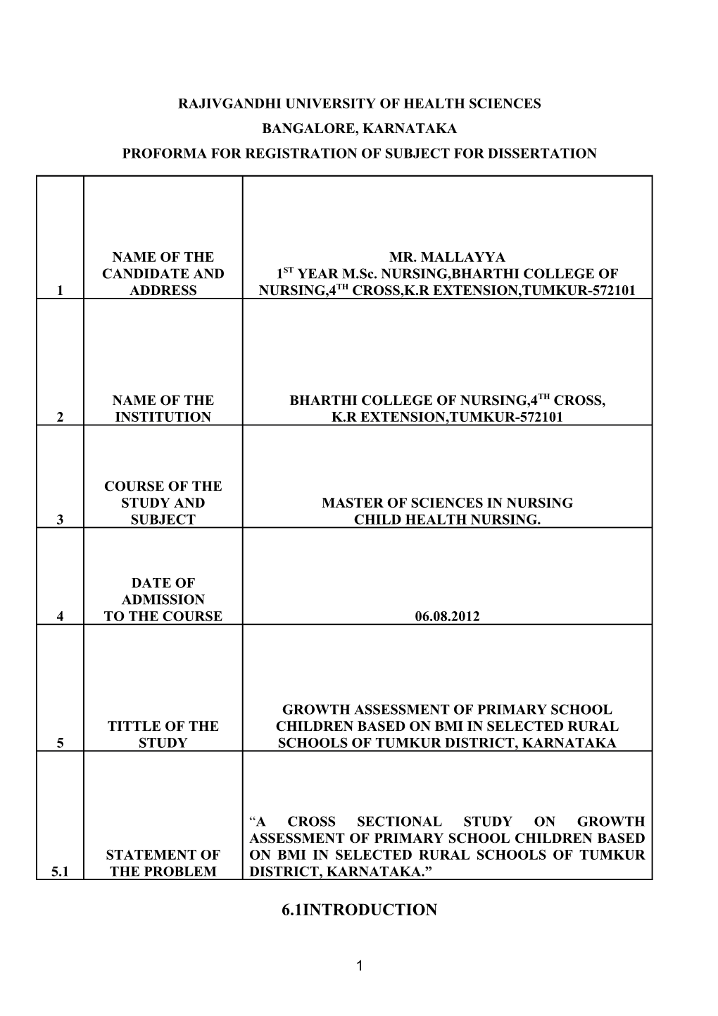 Rajivgandhi University of Health Sciences Bangalore, Karnataka Proforma for Registration