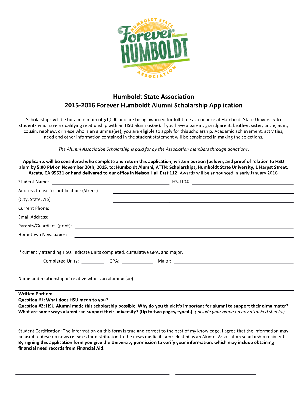 2015-2016 Forever Humboldt Alumni Scholarship Application