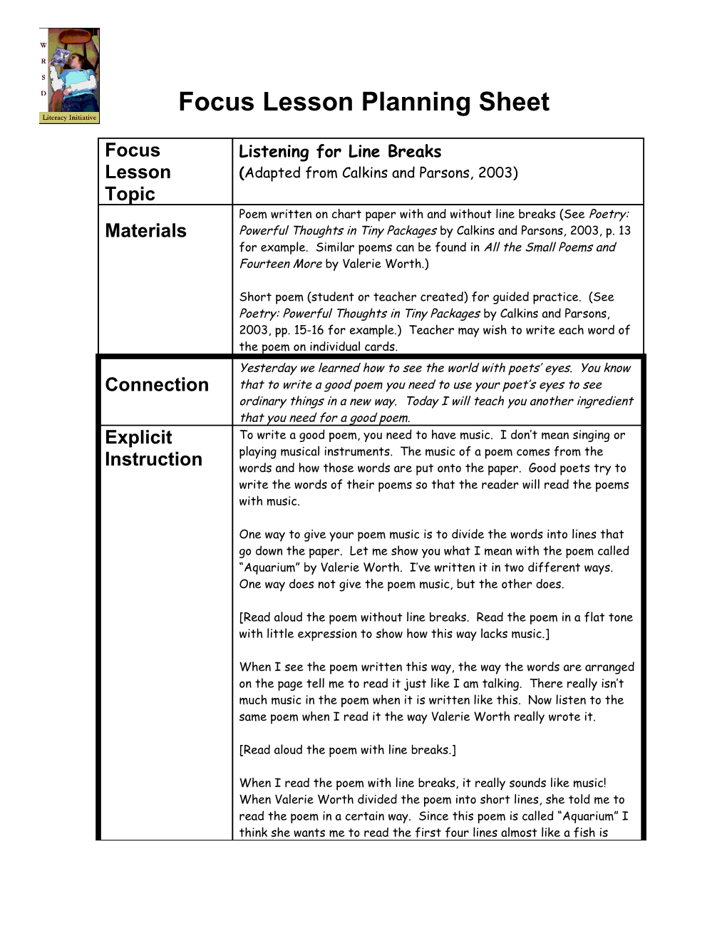 Focus Lesson Planning Sheet s8