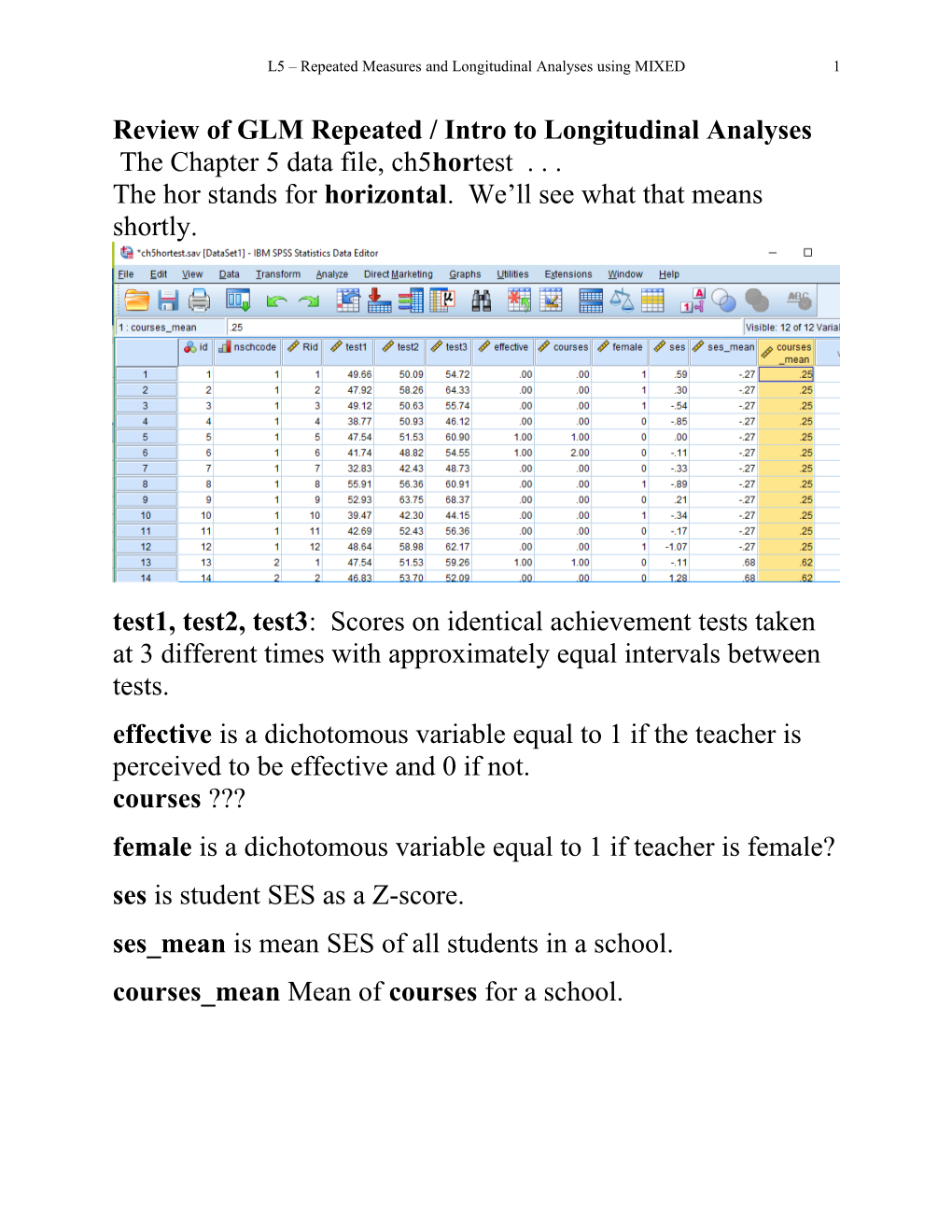 Review of GLM Repeated / Intro to Longitudinal Analyses