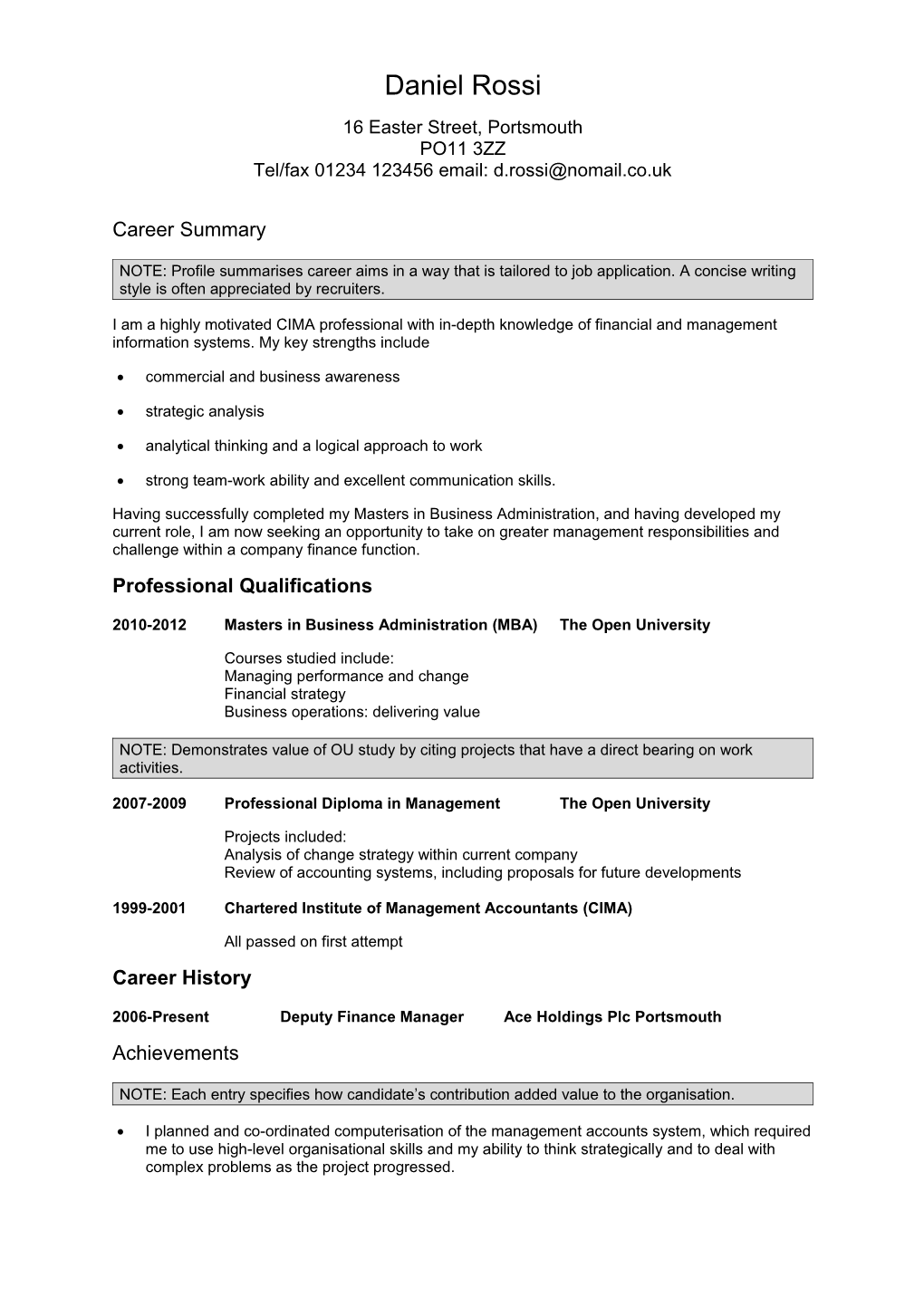 Samples of Chronological Cv - Daniel Rossi