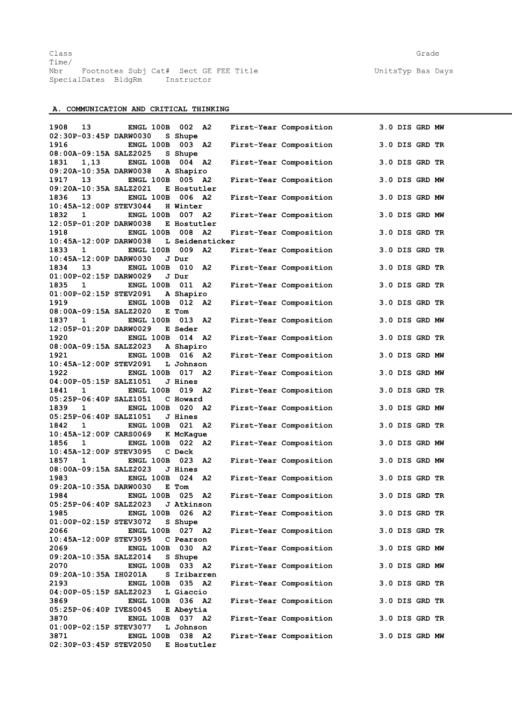 S98 Schedule of Classes