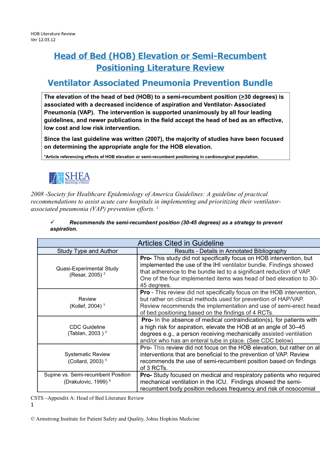 Head of Bed (HOB) Elevation Or Semi-Recumbent Positioning Literature Review