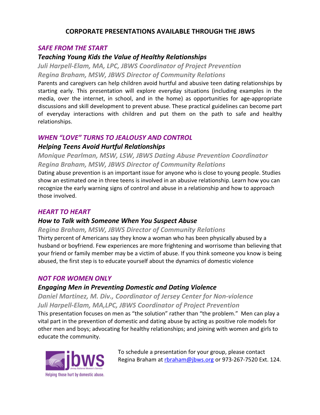 Community Presentations Available Through the Jbws