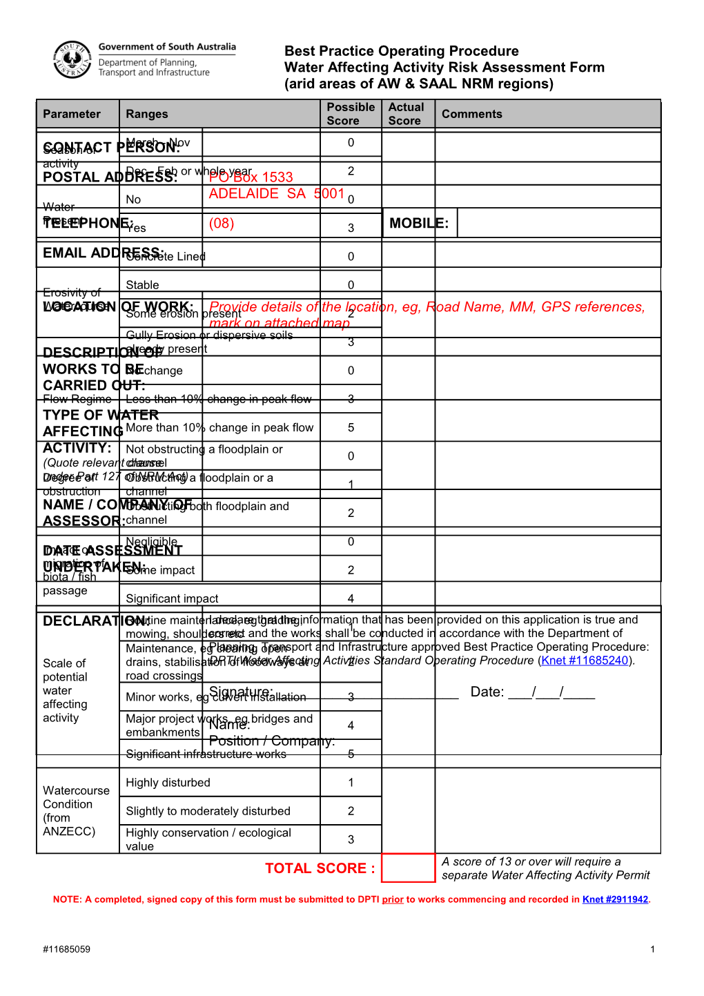 Water Affecting Activity Risk Assessment