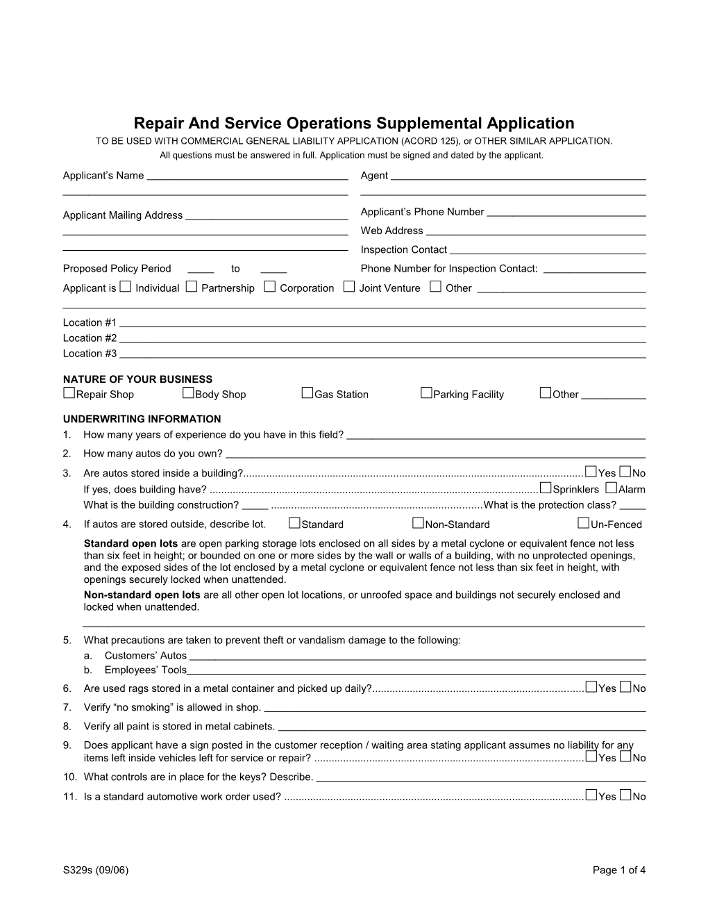 Repair and Service Operations Supplemental Application