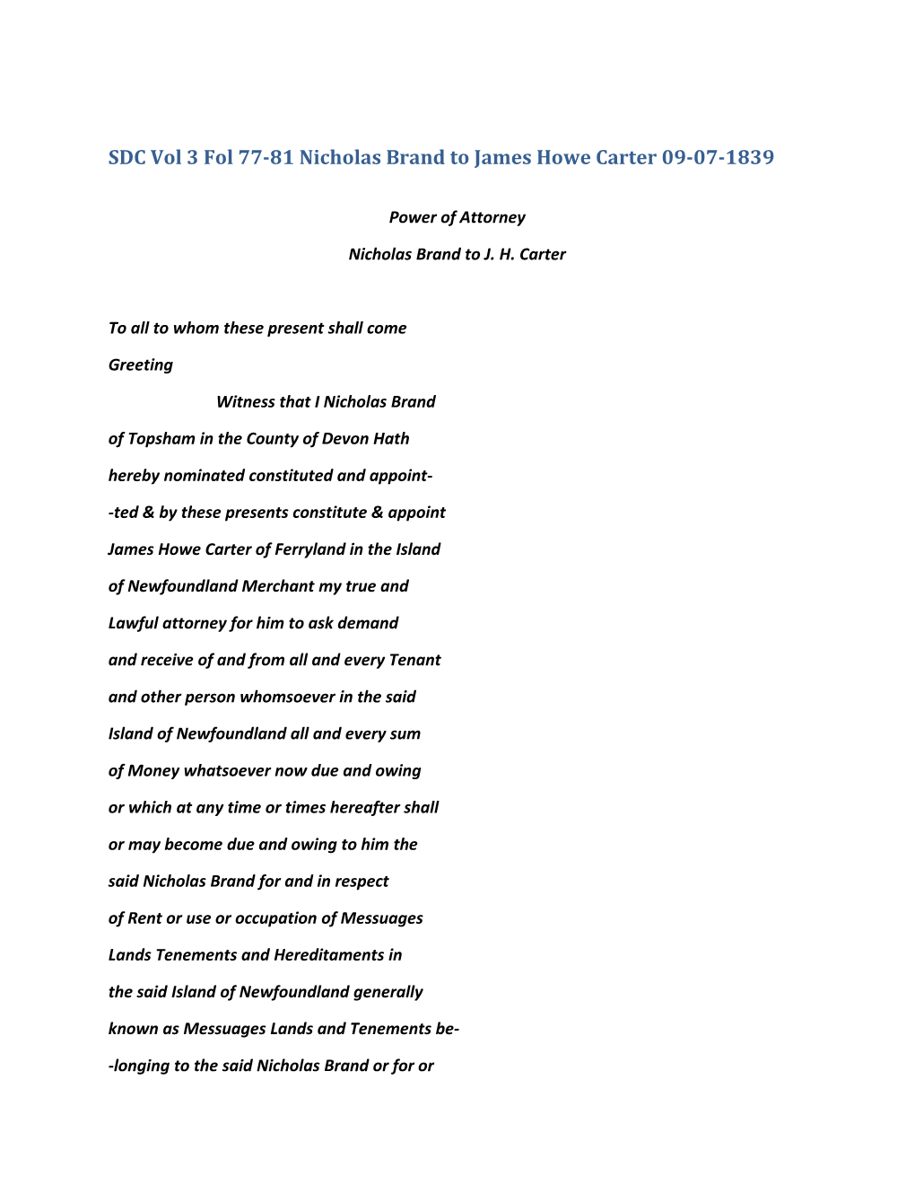 SDC Vol 3 Fol 77-81 Nicholas Brand to James Howe Carter 09-07-1839