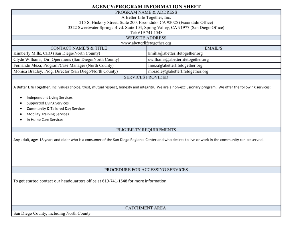 Agency/Program Information Sheet