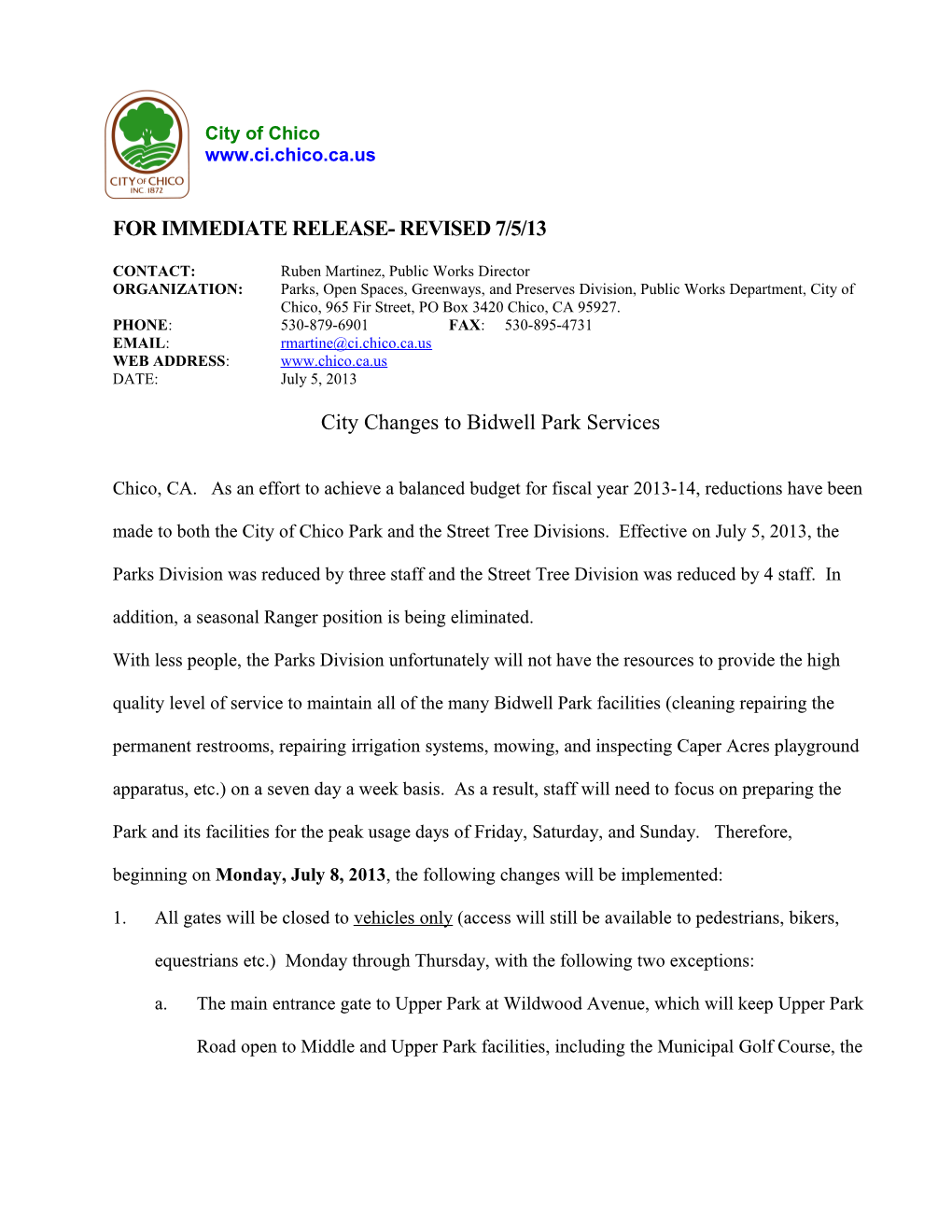 Chico Parks Press Release
