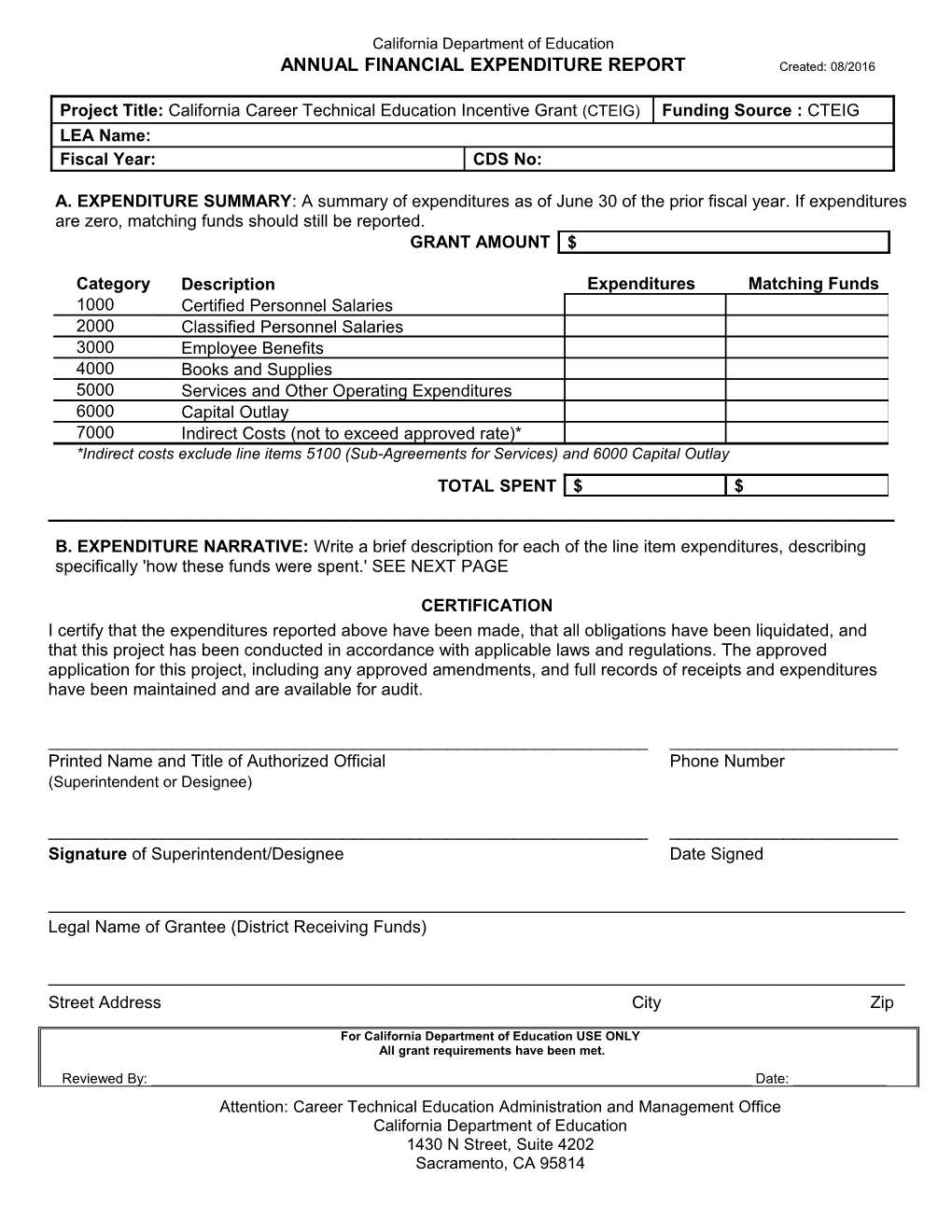 CTEIG Annual Financial Expenditure Report - Perkins (CA Dept of Education)